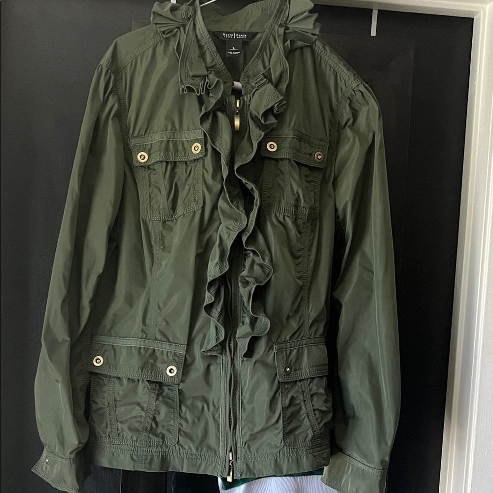 White House Black Market Olive Green Ruffle-Trim Utility Jacket